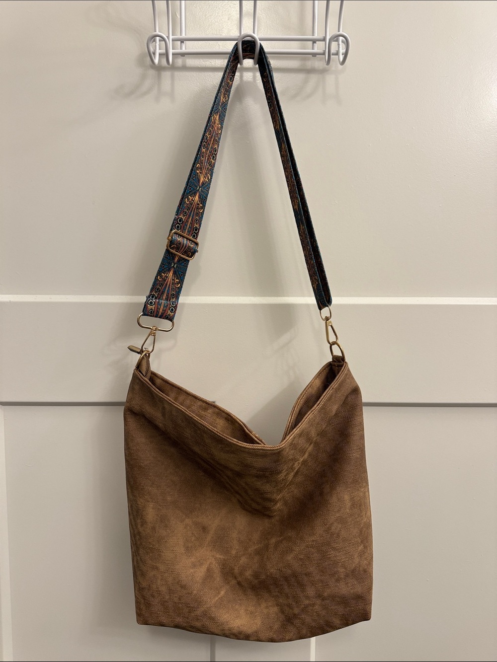 Brown Suede Shoulder Bag with Patterned Adjustable Strap